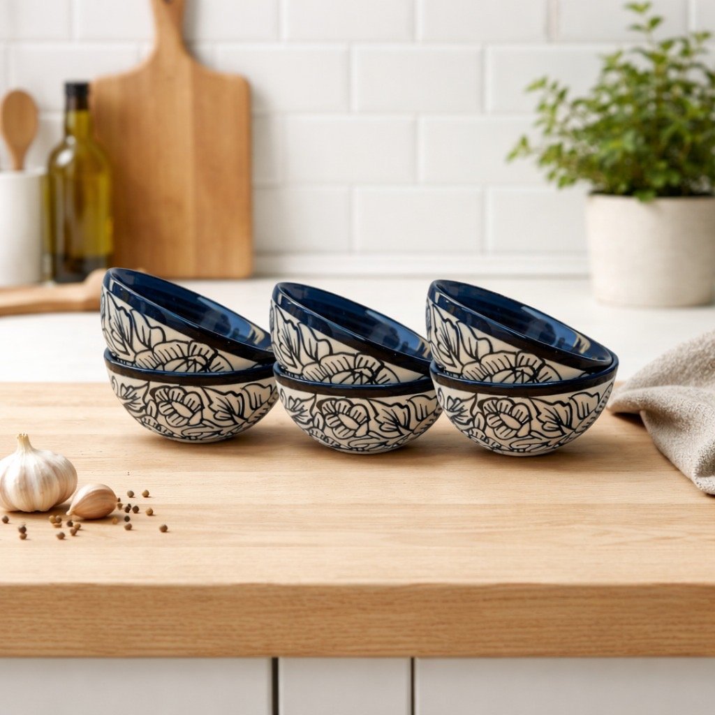Rizasta Black Mughal Print 10cm Ceramic Bowls Set of 6 | 175ml Snack & Dessert Bowls