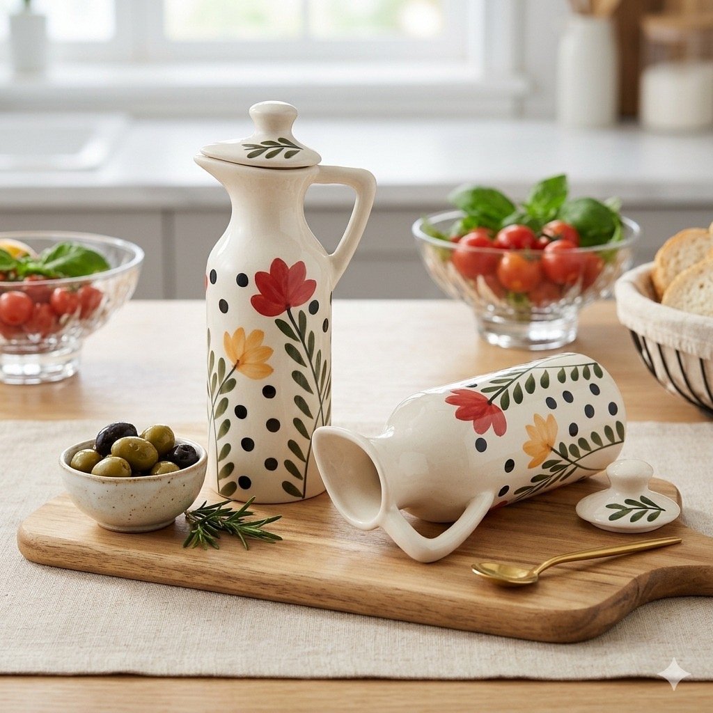 Handpainted ceramic oil cruet with floral motifs