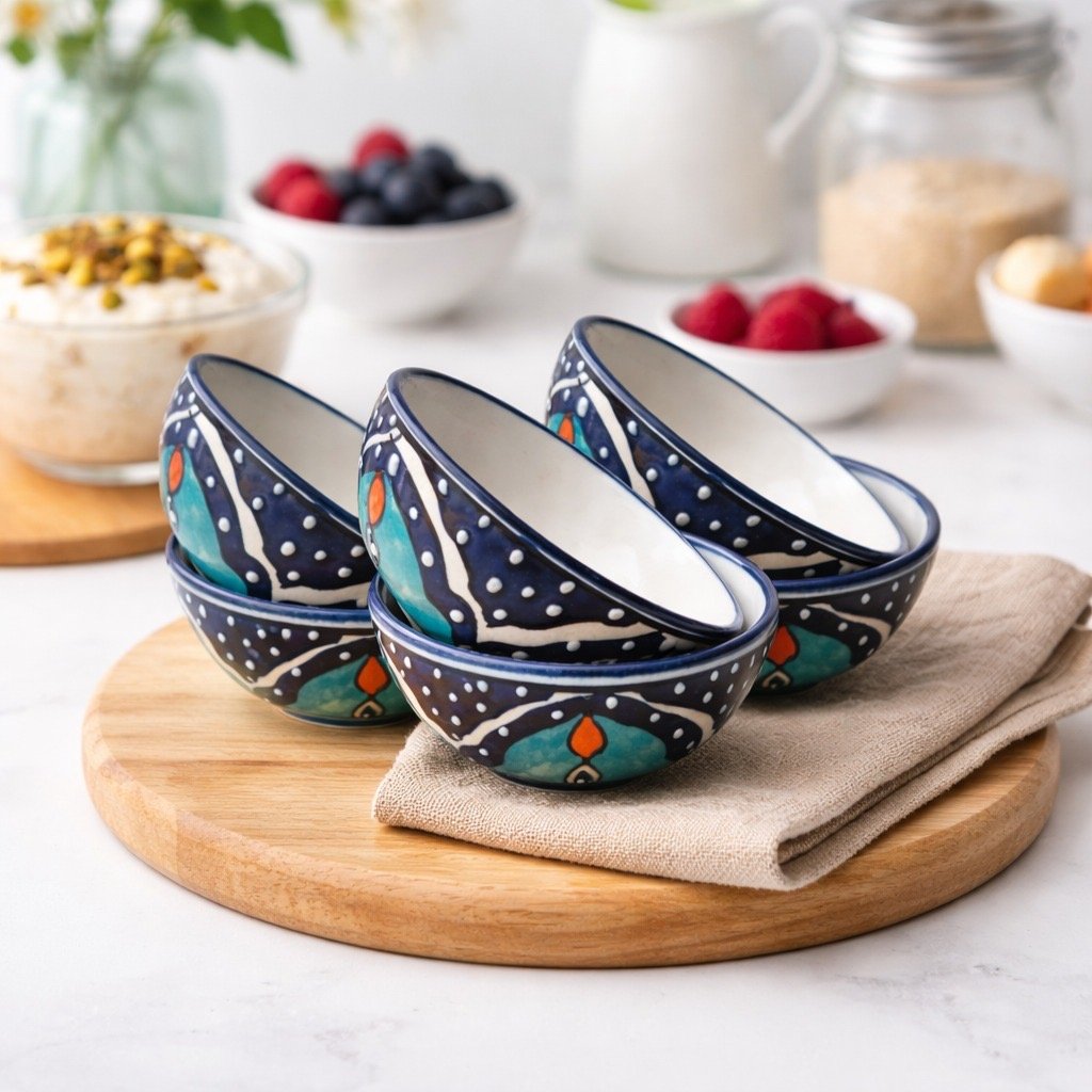 Ceramic Dark Blue Rajasthani Print Bowls | Handcrafted Khurja Pottery | 175 ml | Pack of 6