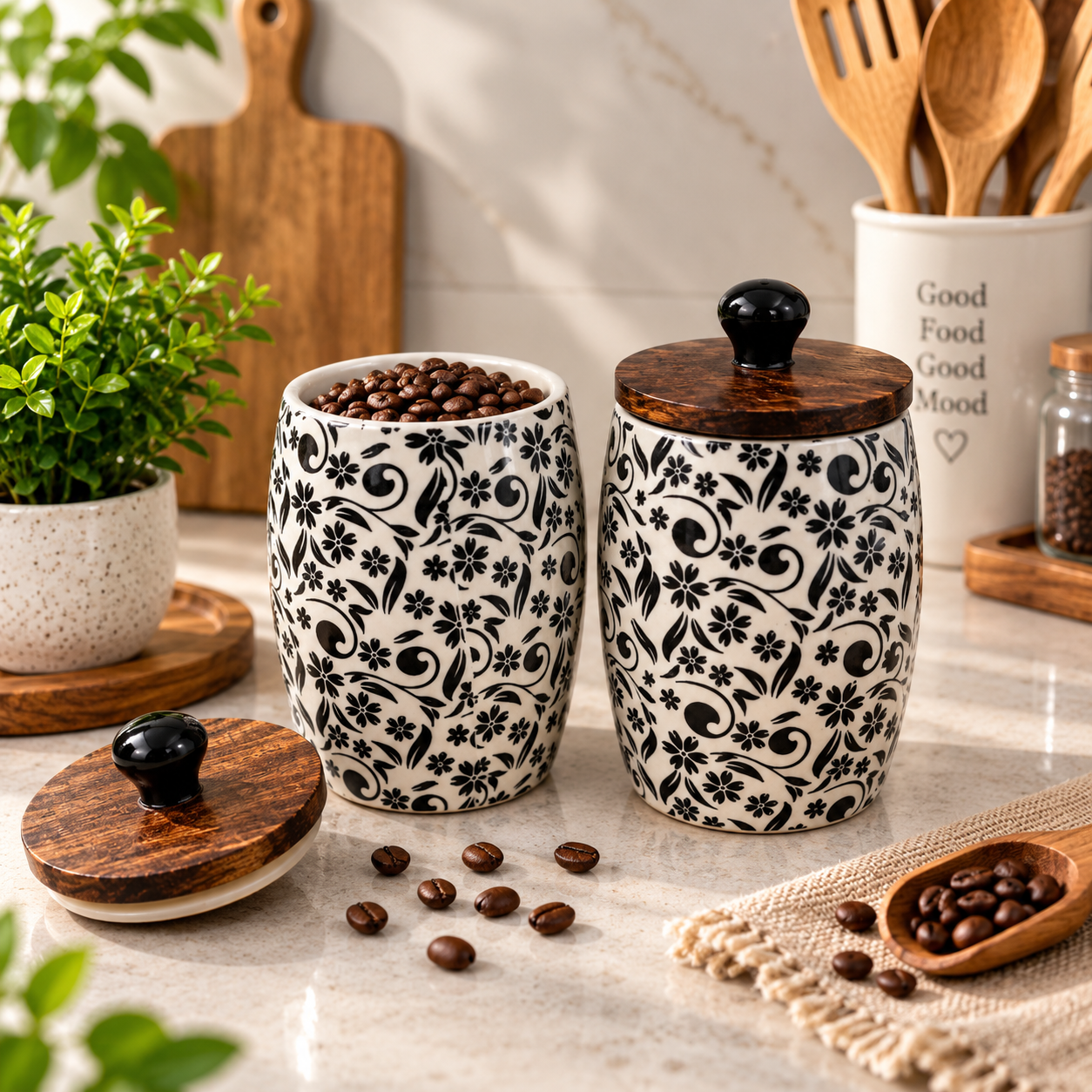 Rizasta 500ml Ceramic Condiment Jar | Black Floral Print Storage Jar | Wooden Lid | Set of 2