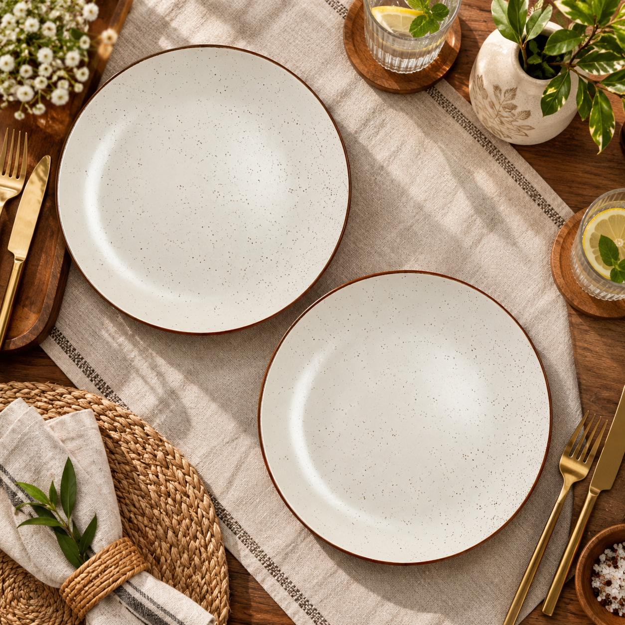 Rizasta 10 Inch Ceramic Dinner Plate Set of 2 | Speckled White Round Serving Plates