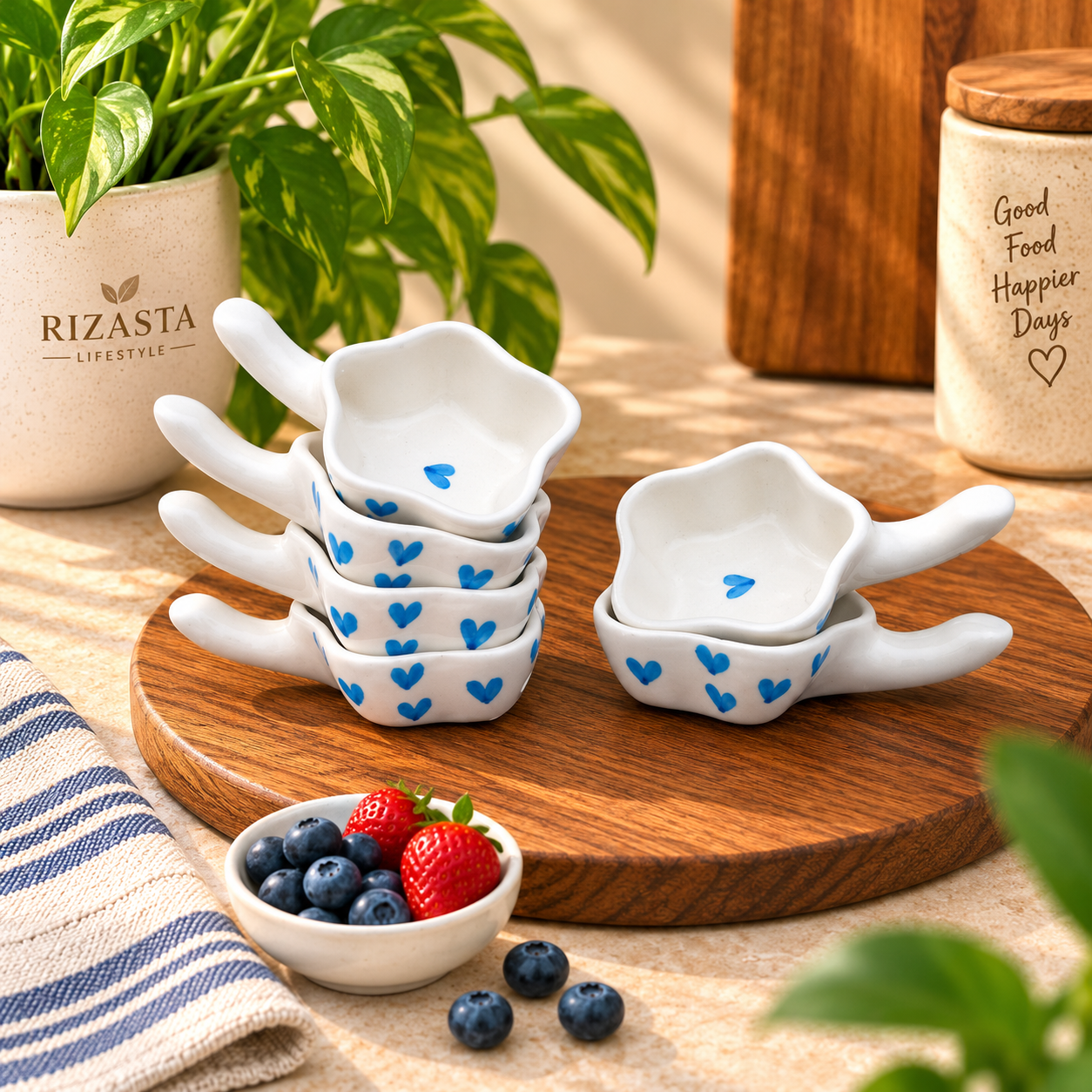 Rizasta Ceramic Chutney Bowl Set of 6 | White with Blue Heart Print | Handled Dip Bowls
