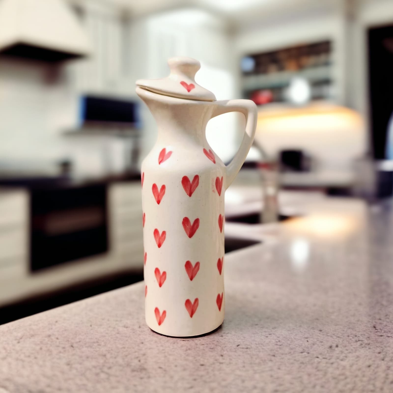 Rizasta 300ml Ceramic Oil Dispenser with Lid, Red Heart Printed Kitchen Bottle