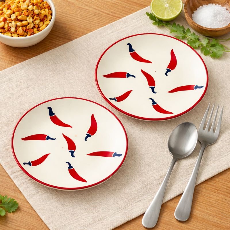 Rizasta 7 Inch Ceramic Quarter Plate | Red Chilli Printed Snack & Serving Plate Set of 2