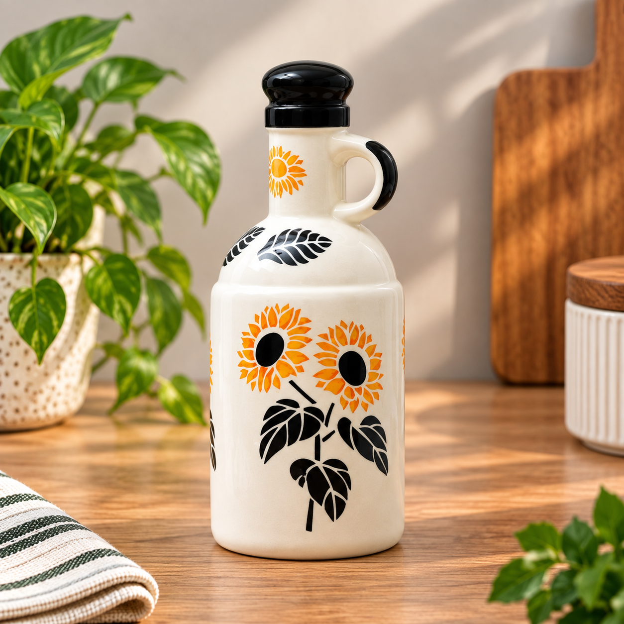 Rizasta 1000ml Ceramic Oil Dispenser | Yellow Floral & Black Leaf Print | Oil Pourer Bottle