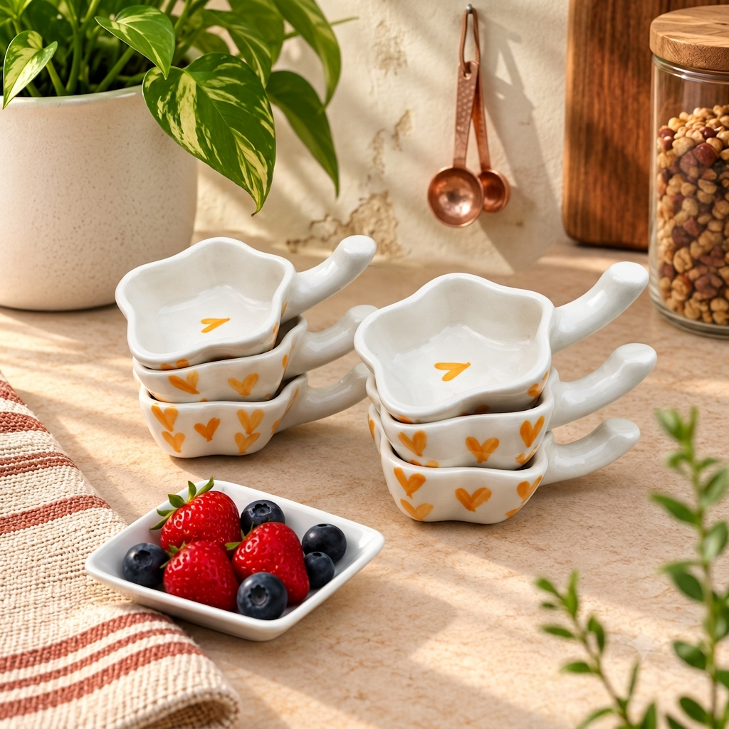 Rizasta Dip/Chutney Bowl | Orange Heart Print | Ceramic | Handle | 10cm | Pack of 6