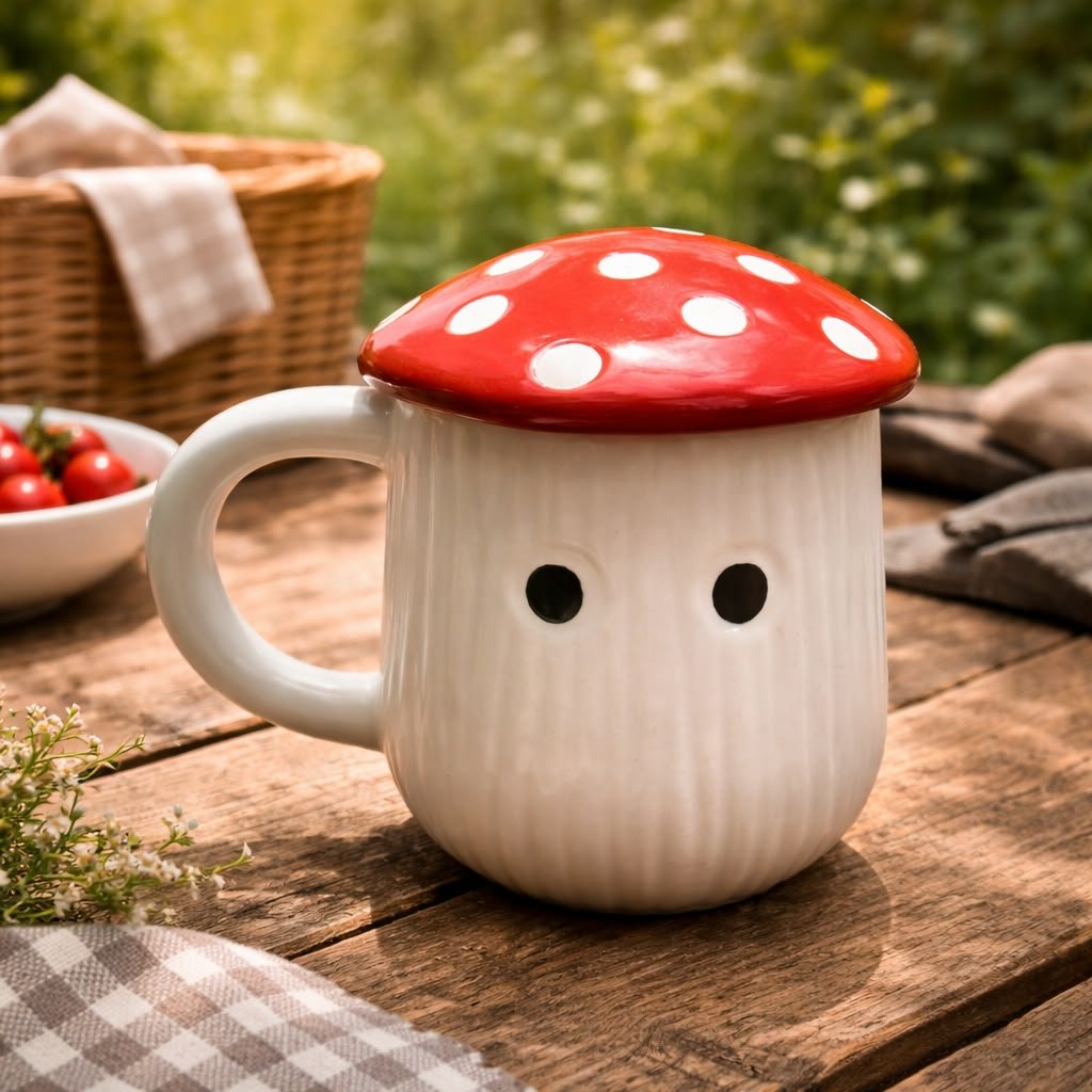 Ceramic Mushroom Coffee Mug with Red Mushroom Lid & Polka Dot Design