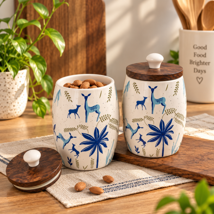 Rizasta 500ml Ceramic Storage Jar with Wooden Lid | Blue Deer & Floral Print Airtight Condiment & Spice Jar Set of 2
